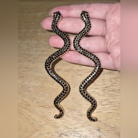 Jewelry - Gold Tone Black Rhinestone Long Snake Earrings